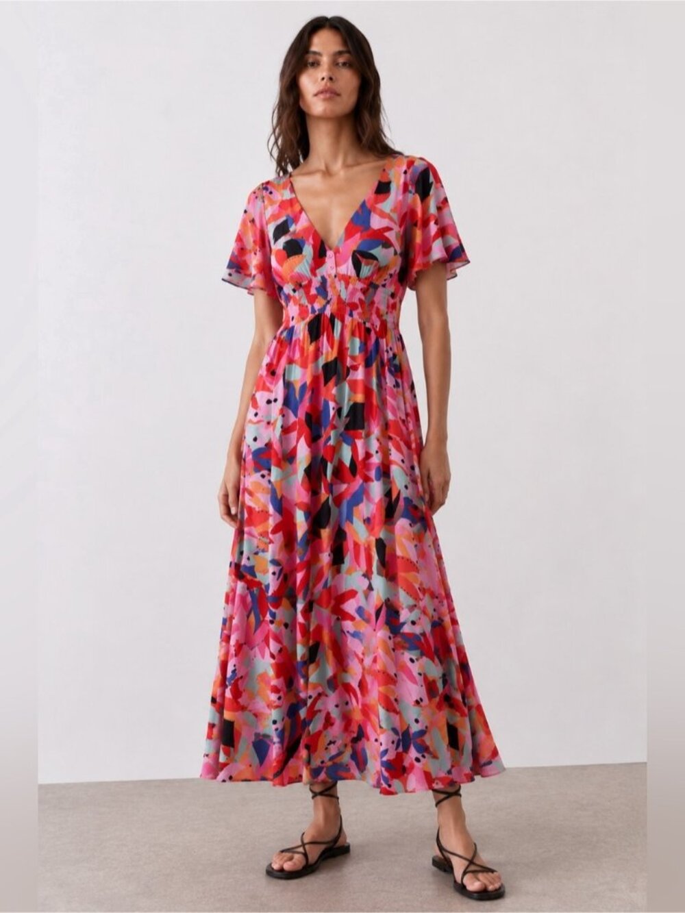 Abel The Label Abstract Print Puff Sleeve Midi Dress Size Large